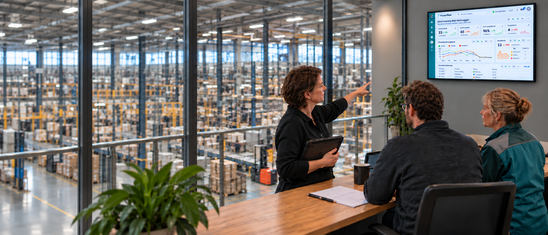 Operations team reviewing a live Powerflow dashboard above the warehouse floor