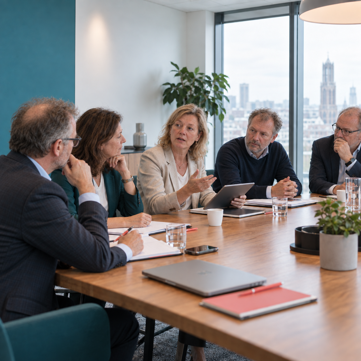Finance and management team discussing figures around a boardroom table