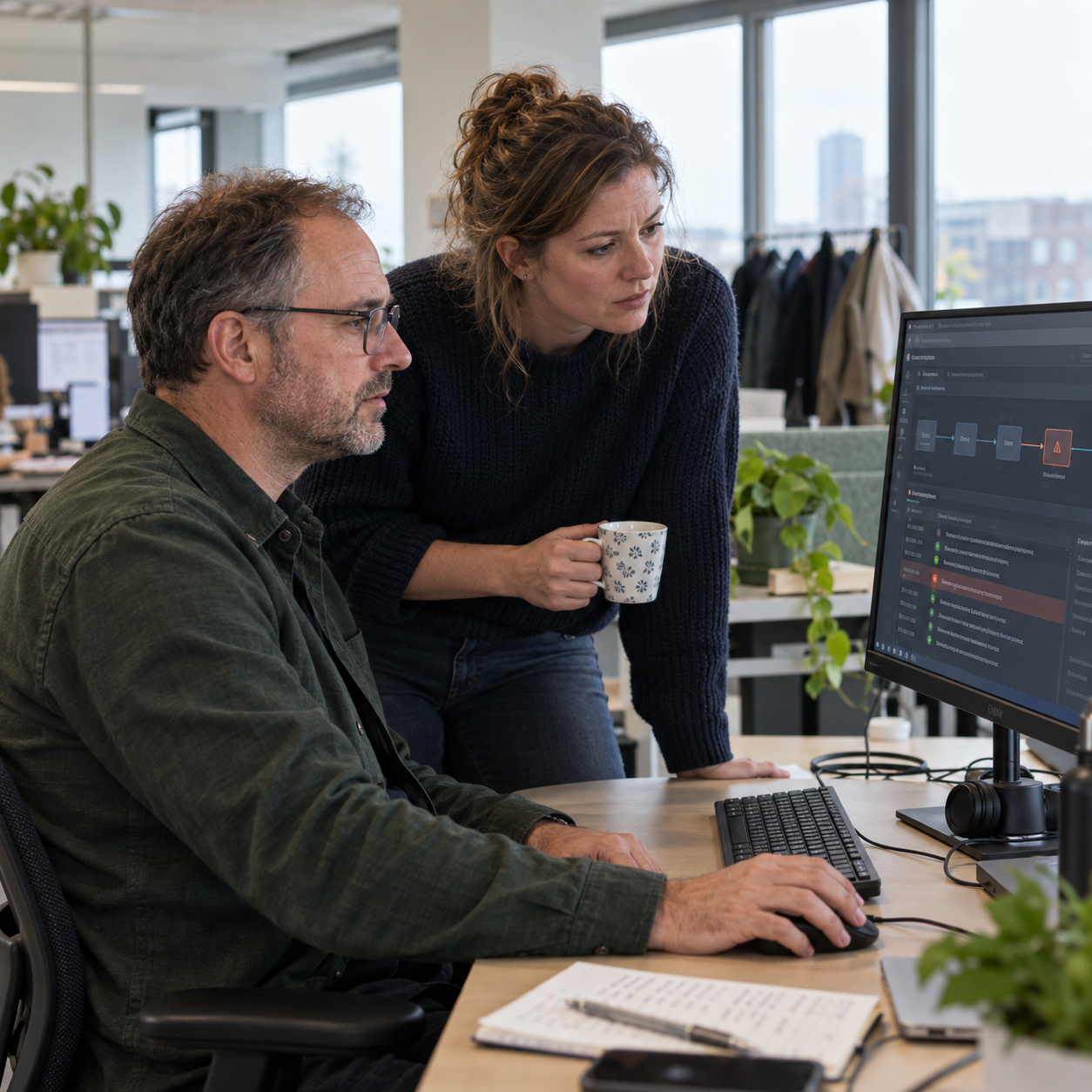 IT colleagues reviewing an integration flow and exception list on screen