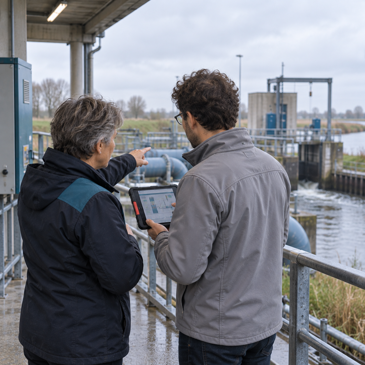 Two operations colleagues on site reviewing process status on a tablet