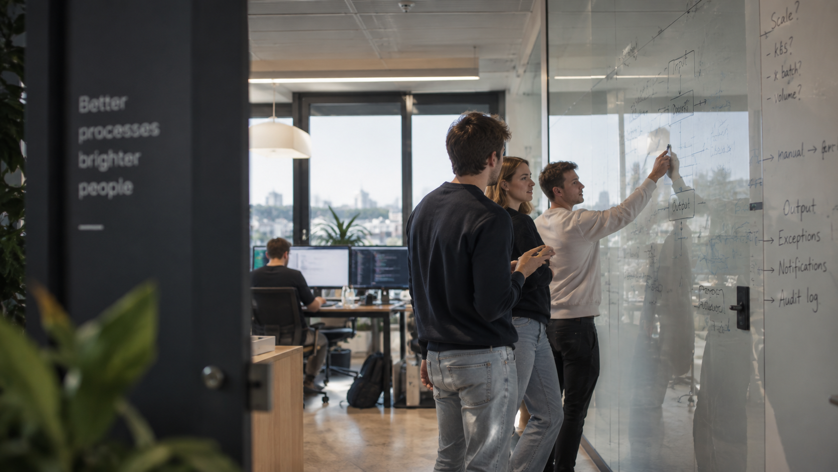 Team reviewing what happened on a process together at a laptop